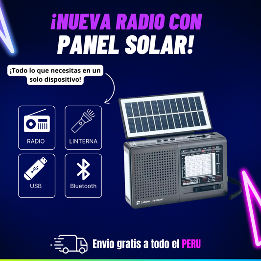 Radio Portátil con Panel Solar | Radio, Linterna, Power Bank, USB, Parlante